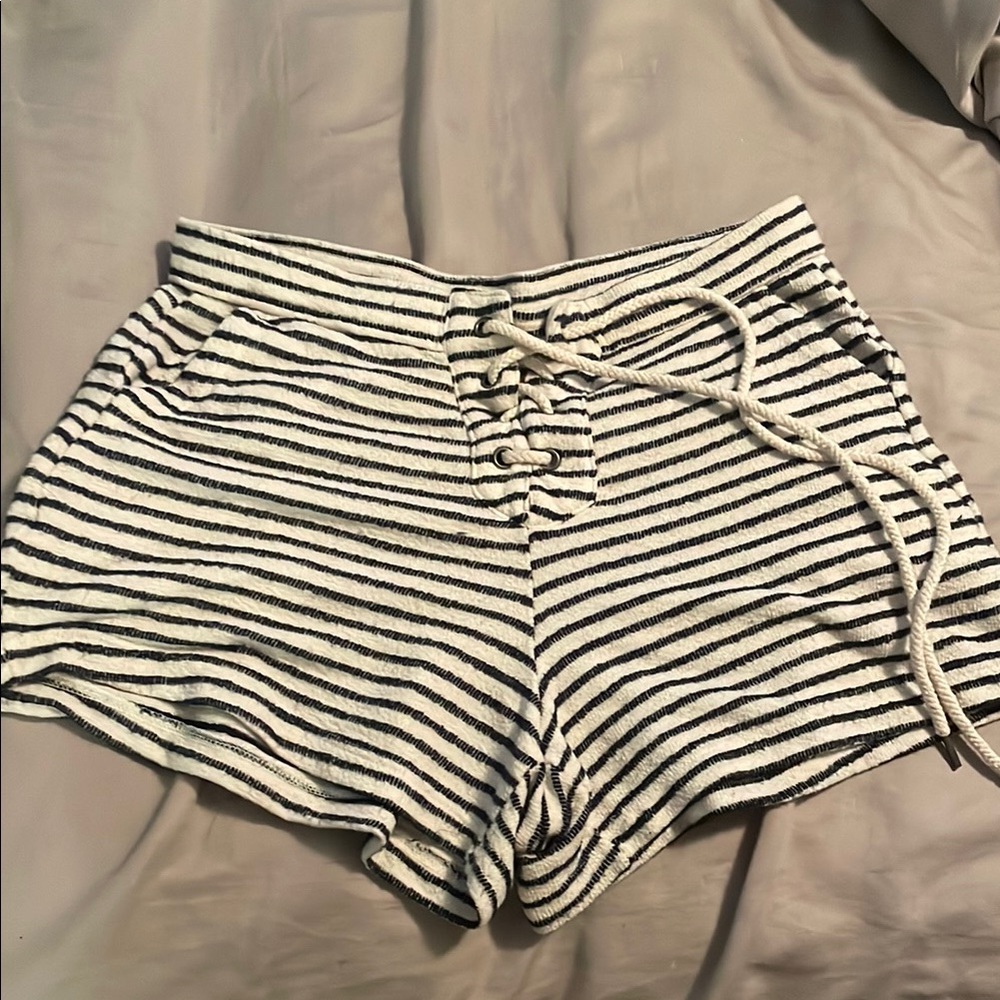 Aerie High Waist Black and White Striped Shorts